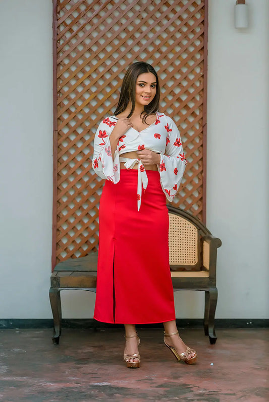 Long Sleeve Crossover Crop Top & Tide Skirt