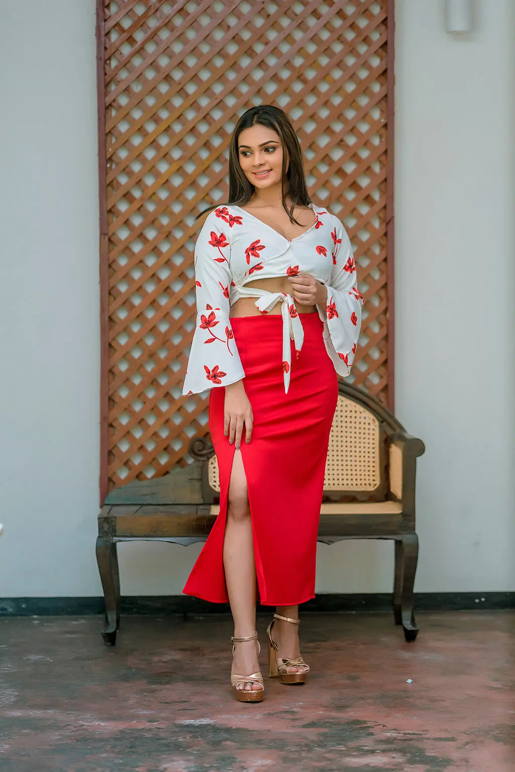 Long Sleeve Crossover Crop Top & Tide Skirt