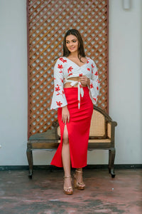 Long Sleeve Crossover Crop Top & Tide Skirt