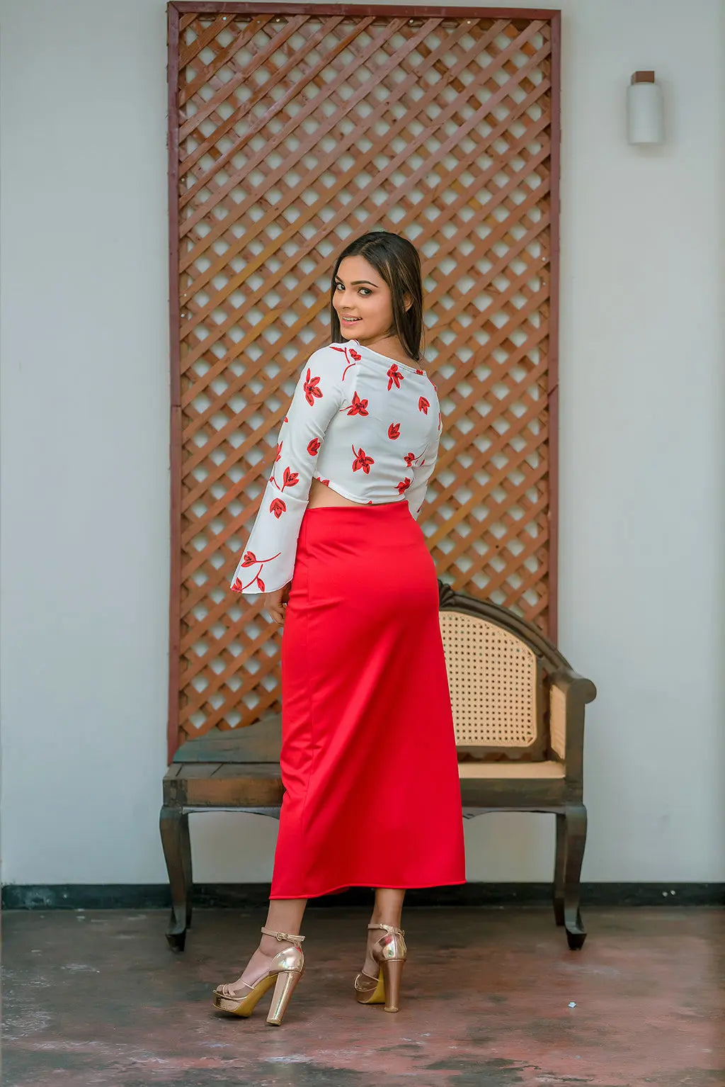 Long Sleeve Crossover Crop Top & Tide Skirt